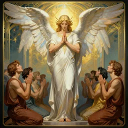 Powerful archangel guarding a group of people while praying , Art Deco, Greg rutkowski Trending artstation