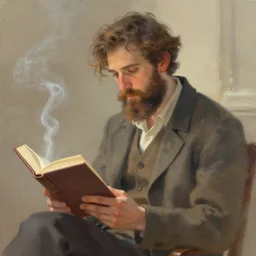 fictional character of a gentle bearded man smoking and reading a book concept artwork by feng zhu, alena aenami artworks