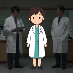 full body character design, realistic preparations, japanese scientists woman, simplified cartoon character by comedy central. dark lighting, lowkey lighting