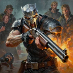 doomguy aims his shotgun, 8 k, stunning detail, works by artgerm, oil on canvas by gerald brom and greg rutkowski, michael cheval, peter murbacher, boris vallejo, jessica rossier, cinematic lighting, high detail, masterpiece, a lot of wow, artstation headquarters