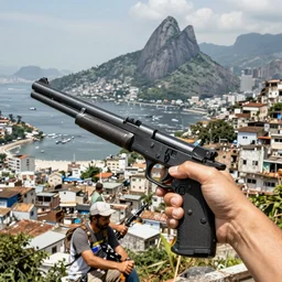 photorealistic  favela rio with precise rendered guns with intricate details of gun happy people in  by  Justin Gerard