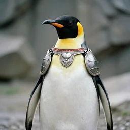 a penguin dressed in medieval armor, photo, detailed, 8k post processing, high quality, shot on 16mm film