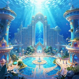 photo taken inside, interior huge clean architecture, bright blue, anime style digital art, royal atlantis underwater palace, a lot of lights and people, magical fantasy and vibrant, olympics, trending on artstation