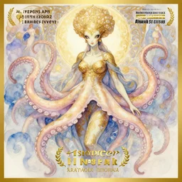 alien goddess with body of octopus dreamy vision, highly detailed, gold filigree, romantic storybook fantasy, award, watercolor illustration by mandy jurgens and alphonse mucha and alena aenami, pastel color palette, featured on artstation