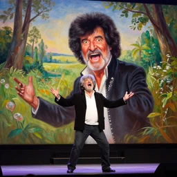 epic photo of old!!!!!!!!!!!!!!!! bob ross on stage frustrated and angry and yelling!!!!!!!!!!!! at a huge painting of nature!!!!!!!!!! by bob ross, grey hairs, masterpiece, trending on artstation, canon eos