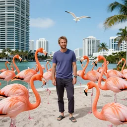 paul walker surrounded by flamingos, miami, florida, 3 5 mm, f / 2. 8, wide angle