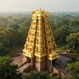 an ancient hindu temple made of gold in serene environment, art deco, forest, distant, high angle, wide angle, global illumination, trending on artstation, octane render, cgsociety, surrealist, cinematic, unreal engine 5
