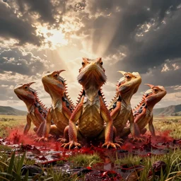 seven dragon horned lizard heads rising from the sea of blood, landscape, cinematic view, epic sky, detailed, concept art, low angle, high detail, warm lighting, volumetric, godrays, vivid, beautiful, trending on artstation, by jordan grimmer, huge scene, grass, art greg rutkowski