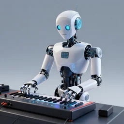 a portrait of a robot musician using digital music equipment, digital animation, octane renderer, trending on artstation