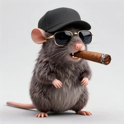anthropomorphic gangster rat with a large cigar in its mouth, wearing sunglasses and a cap, long fur, anthropomorphic rat, detailed, 3d render, 4k, pixar
