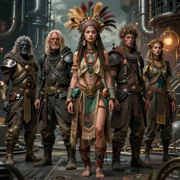 detailed ultrarealistic photography of charactersheet cyberpunk industrial postapocalyptic organic rustic robust tribal girl craig mullins, vallejo, moebius, ian miller, wayne barlowe, greg rutkowski, mucha, brian froud, cinematic, full shot,