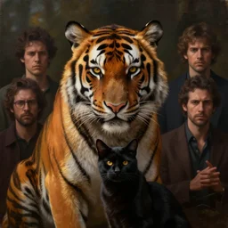 portrait of a humanoid tiger and a black cat, atmospheric lighting, painted, menacing, intricate, volumetric lighting, beautiful, rich deep colours masterpiece, golden hour, sharp focus, ultra detailed, by leesha hannigan, ross tran, thierry doizon, kai carpenter, ignacio fernandez rios