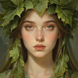 beautiful female druid, portrait, fantasy, young, symmetrical eyes, correct eyes proportion, beautiful iris, detailed, intricate, leaves and simple cloth, global lighting, digital art, digital painting, artstation, wlop, sharp focus, illustration, art by artgerm and greg rutkowski and alphonse mucha, 8 k