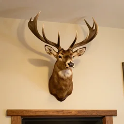 taxidermy, deer head mounted over fireplace, highly detailed, warm lighting, photorealistic