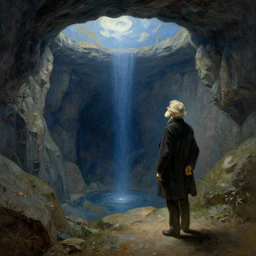 a famous mathematician on the border of infinity, looking into the abyss, searching for an answer, dramatic, perspective, by randolph caldecott