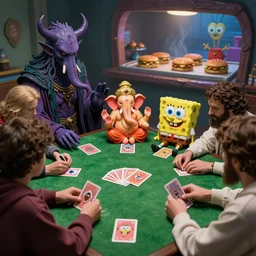 cthulhu, ganesh, sponge bob and jesus playing cards, green felt table, spongebob cooking hamburgers in the background