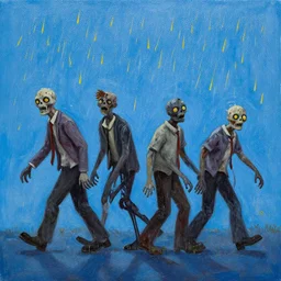 painting of zombies walking in a blue sky, yellow raining