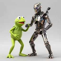 The Terminator fighting against Kermit the frog, full body, style film