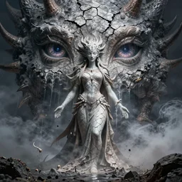 gorgeous cracked lilith the mother of all monsters, destroyer! of worlds, void! eyes, raining ash & smoke, fine art masterpiece, highly detailed dino valls wayne barlowe machiej kuciara, dramatic lighting, long shot, wide angle, uhd 8 k, sharp focus