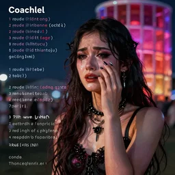 minimalist photograph Coachella influencer crying lines of codes, detailed ambient lighting, hyper realistic, vibrant colors, cinematic, gothic Pop art style, digital art painting by Maciej Kuciara, cinematic, 35mm grain filter, artstation