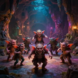 goblins dancing in a colorful dungeon, cinematic shot, dramatic volumetric lighting, epic composition, 4K Ultra HD