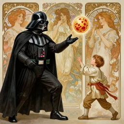 a detailed picture of darth vader playing catch with his grandson, intricate, elegant, highly detailed, digital painting, artstation, concept art, matte, sharp focus, illustration, art by rebecca guay and by arthur rackham and by alphonse mucha and by john william waterhouse