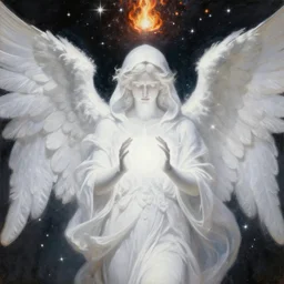 highdetailed hyperrealistic of white angel in the hood!!! giant ball of miracle light from the chest!!!!!, white sparkles everywhere, lot of fire and stars overhead!!!, by jan van eyck, holography space, glow effect, large strokes, clean lines, white mono color, oil painting