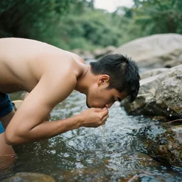 man drinking from a river