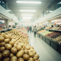 Beautiful Liminal Grainy foggy disposable-camera Photograph of a infinite Mall with many potatoes