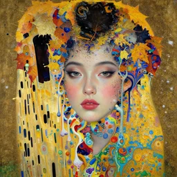 close - up portrait of beautiful girl by irakli nadar with intricate detailed color particles smashing fluid oil paint and acrylic, autumn leaves headdress, melting wax, mycelia, abstract impressionism, ruan jia, fantasy, hyper detailed, concept art, by gustav klimt,