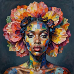 beautiful symmetrical portrait of a flower head black woman, her skin made with colorful mixed media collage patterns, by picasso and greg rutkowski, hyper detailed painting, intricate detail, surreal, 8 k,