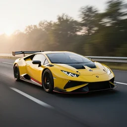 a lamborghini huracan racing on a highway in the morning, very detailed, photo realistic, 8 k uhd, car photography