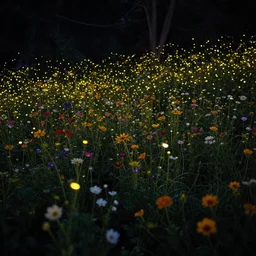 a beautiful field of various flowers and fireflies, night, landscape, cozy