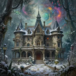 a beautiful photorealistic painting of urbex manor by caspar david friedrich, azeroth crystal sleet bioshock junglepunk at winter landscape universe fisheye galactic nature cyberpunk hyperrealism thermal vision, archdaily, wallpaper, highly detailed, trending on artstation.