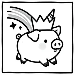 flying pig in a crown with a unicorn horn with rainbows coming out of its but black and white thick outline drawing