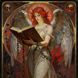 a grim magical art nouveau painting of a bright angel holding a big tome with chains, in the style of mary dimary and darkchylde, ruby insets, fantasy skull, muted colours, vibrant reds, 4 k, trending on artstation, pinterest, pixiv