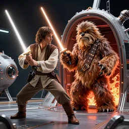 hyper realistic drawing of Obi Wan fighting Jabba the hutt in a space shuttle with light sabers and lava cg society