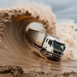 an euro truck escaping a tsunami of mud by surfing on the wave of mud, volumetric epic lighting, trending on artstation artwork by pascal campion and anton fadeev