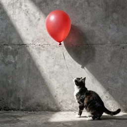 a cat trying to catch a balloon on concrete, by banksy