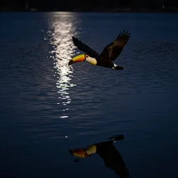 a toucan flying above a lake and reflection on the lake surface, midnight, lake, reflections, dark, mystery, wavy lake, moon light, dark atmosphere