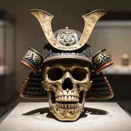 skull with a samurai helmet old bronze statue, intricate detail, full shot, museum lighting