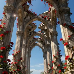broken arches leading to the pillars of eternity draped with red flowers and vines, blue sky, lens flare, a sense of mystery, cinematic, ultra detailed, intricate, sharp focus, trending on artstation, illustration by Tony Diterlizzi, 8K