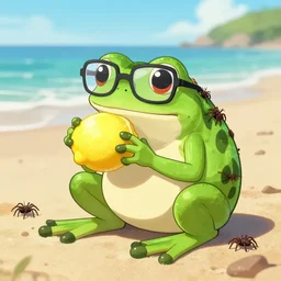 frog with glasses, on the beach, eating a lemon, covered in spiders, trending on artstation, hiroaki tsutsumi style