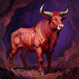 a shaded painted full body illustration of a male minotaur with glowing tribal skin markings in a dark cave environment with a bovine head, painterly, detailed, art - deco, red and purple palette : : 0. 3 by ralph mcquarrie, tamara de lempicka, alphonse mucha, rule of thirds, beautiful