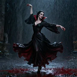 Female vampire dancing in a rain of blood, matte painting by Artgerm, dramatic lighting