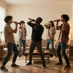 friends rapping with microphone in living room, asian, black, caucasian, hispanic, indian, epic pose, silhouetted, distinct, digital art, vaporwave, psychedelic, surreal, hip hop, trending on Artstation, professional artist, detailed, 4k