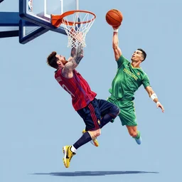 Messi dunking on Ronaldo in the NBA, illustration,