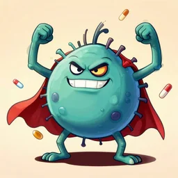 cartoon depicting a superbug microorganism with a super villain appearance, getting strong and resistant because of medicine or antibiotic
