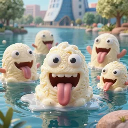 of a lake filled with melting icecream with strange cute friendly happy creatures with huge eyes, mouth, long tongue and round teeth appearing from the lake, in the style of gehry and gaudi, macro lens, shallow depth of field, highly detailed, digital painting, trending artstation, concept art, illustration, cinematic lighting, vibrant colors, photorealism, epic, octane render