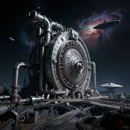 a dark cool colours, hyperreal deep space dock mining platform with massive piping inspired by nuclear reactor core maschinen krieger mri machine, chris foss, peter elson, millennium falcon space-station Vuutun Palaa submarine, space-station Vuutun Palaa, ilm, beeple, star citizen halo, mass effect, starship troopers, elysium, the expanse, iron smelting pits, high tech industrial, dramatic nebula sky, volumetric lighting